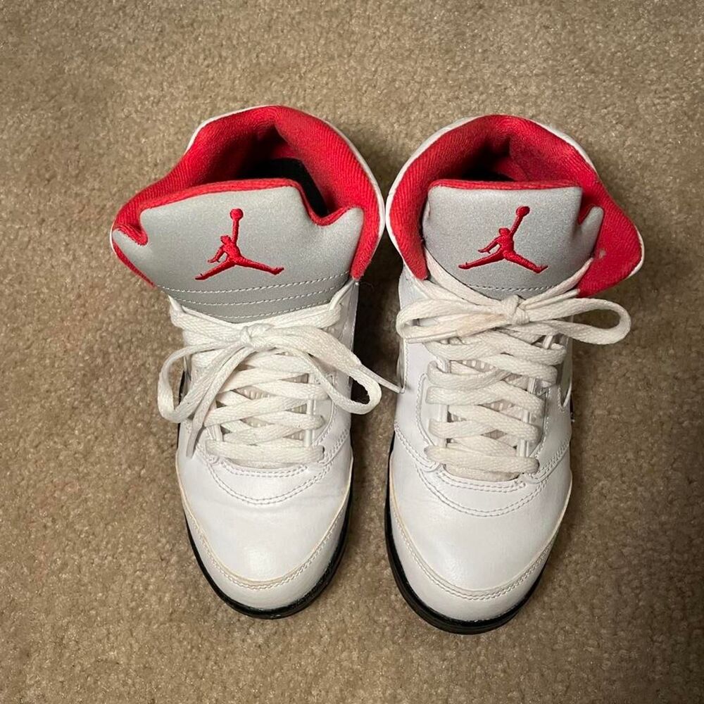 Jordan 5 Retro in White, Red, Black, And Grey Size 3Y